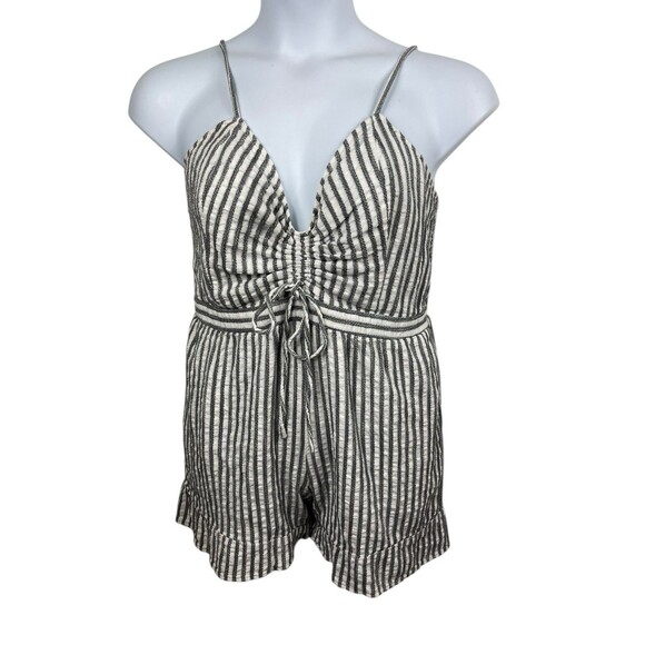 American Eagle Gray White Striped Rouched Bow Deep V-neck Textured Romper XL - Picture 1 of 15